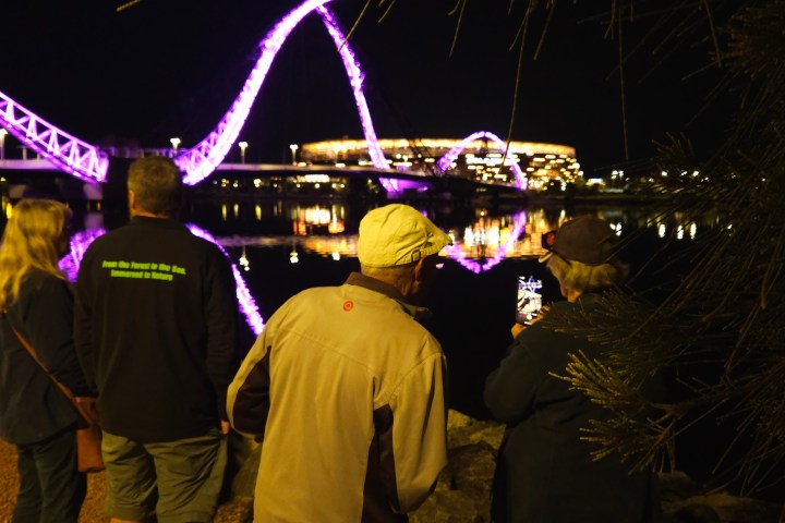 Four people viewing illuminated bridge and building reflection at night.